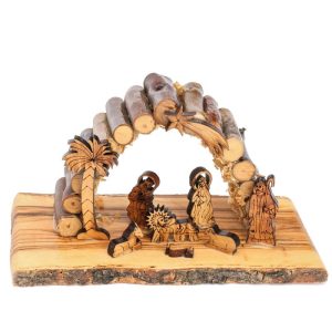 Olive Wood Log Grotto Christmas Nativity Scene