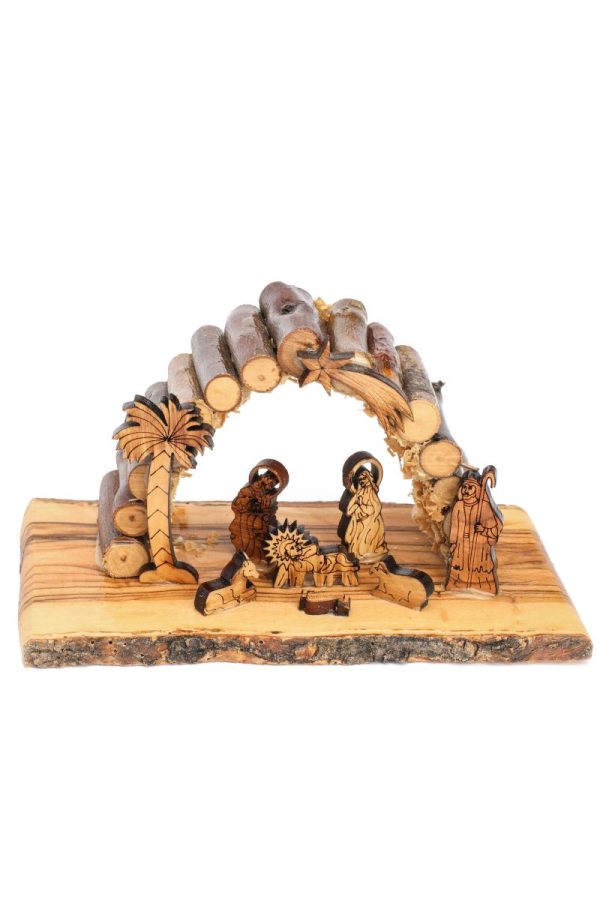 Olive Wood Log Grotto Christmas Nativity Scene