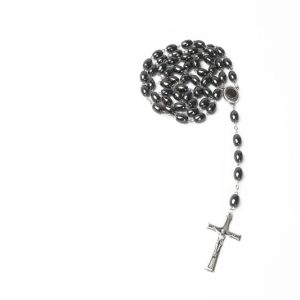 Black Hematite Beads Rosary Necklace with Holy Soil Medal and Cross