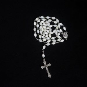 Rosary Necklace Mother of Pearl Beads Jerusalem Holy Soil Medal & Cross