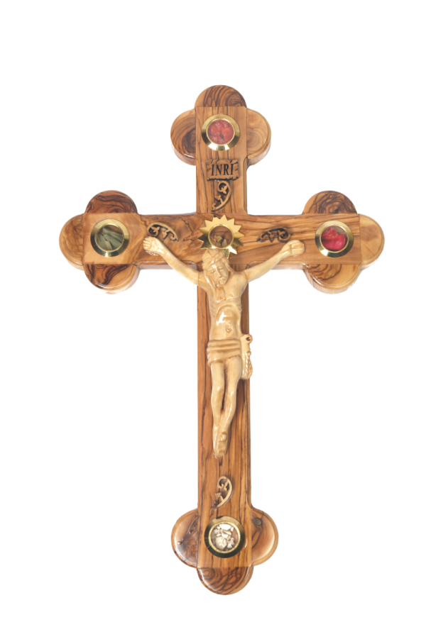 Olive Wood Jerusalem Cross_ Silver Oxide Crucifix on Stand - Image 4