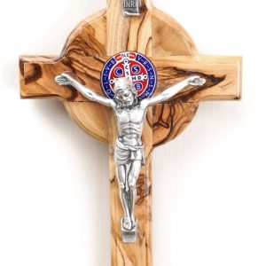 Olive Wood Cross_ St. Benedict with Silver Oxide Crucifix