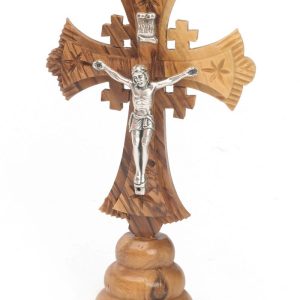 Olive Wood Jerusalem Cross_ Silver Oxide Crucifix on Stand