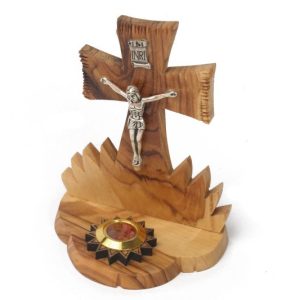 Olive Wood Cross_ Silver Oxide Crucifix with Holy Object