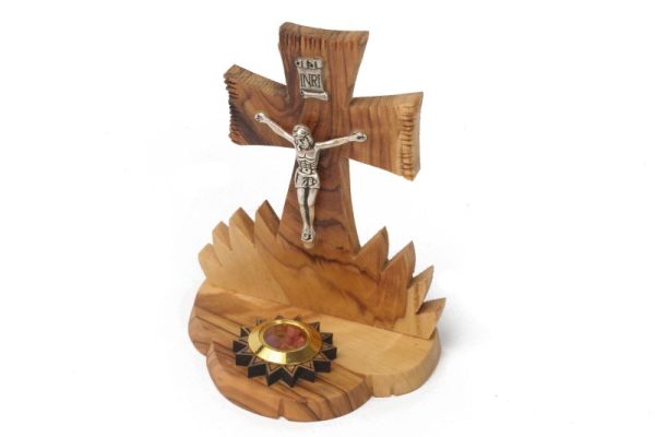 Olive Wood Cross_ Silver Oxide Crucifix with Holy Object