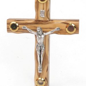 Olive Wood Roman Cross_ Silver Oxide Crucifix with Four Holy Objects Lenses
